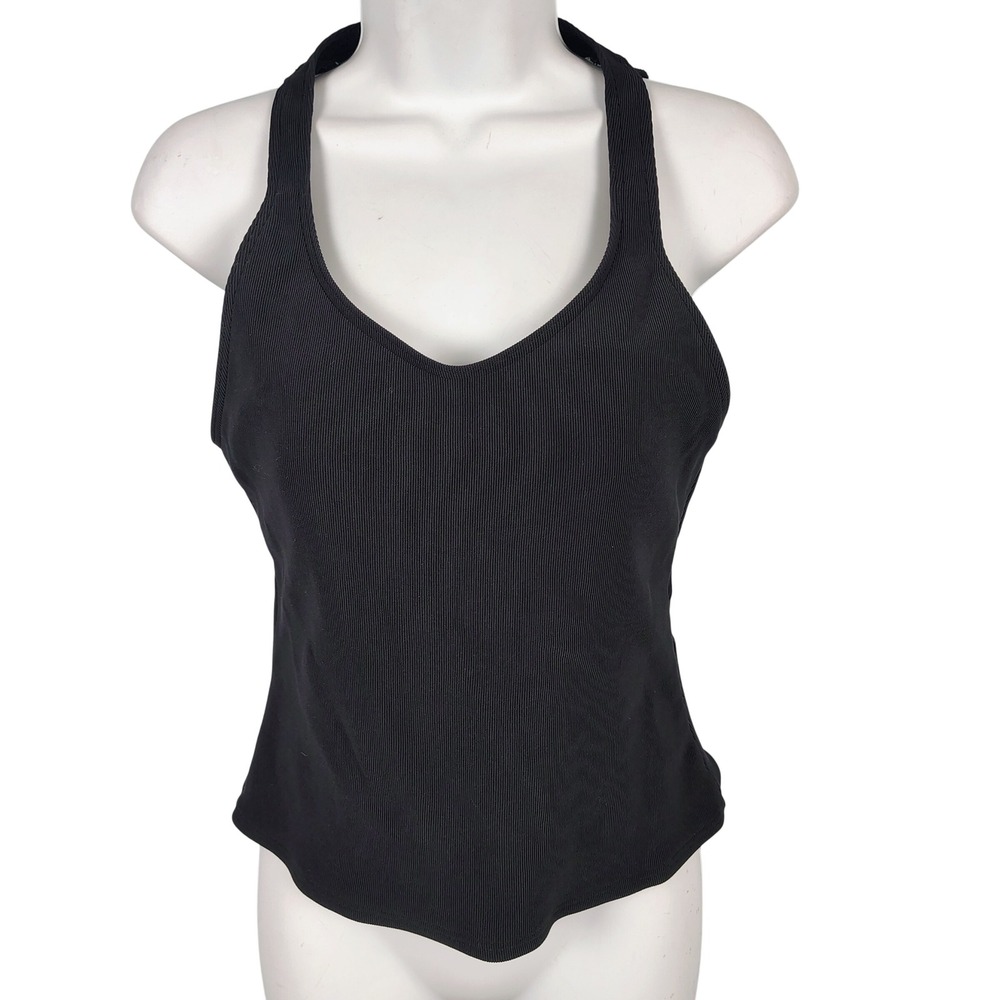 Lands End Womens SZ 10 Ribbed Halter Tankini Top Black Nylon Gorpcore Minimalist